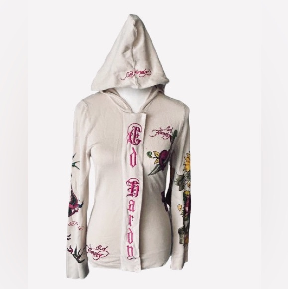 NWT Vintage ED HARDY Hoodie Sweater Cream Birds Enbroidered Designer Cardigan - Picture 2 of 15